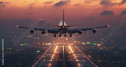 Portrait of a jumbo jet landing in an airport runway early in the morning with lights in the background