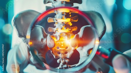Intervertebral hernia of the lumbar spine under a magnifying glass closeup Sciatica and radiculitis pinched nerve root neuralgia Vertebrology and orthopedics lumbago : Generative AI