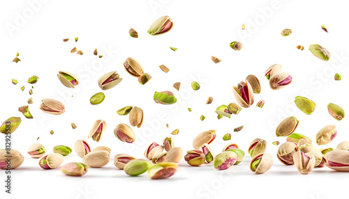 Flying in air fresh raw whole and cracked pistachios isolated on white background