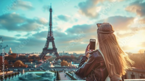 Selfie girl in Paris France Young tourist woman taking self portrait with Eiffel Tower in Paris : Generative AI
