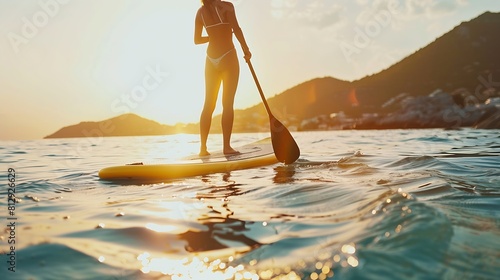 Young beautiful woman relaxing in the sea on a SUP board The girl sunbathes on the beach of the island on vacation : Generative AI