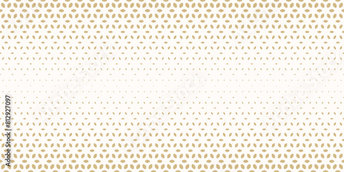 Golden vector halftone seamless pattern. Luxury gold and white texture with gradient transition effect. Elegant minimal geometric background with floral shapes, leaves, mesh. Abstract repeated design
