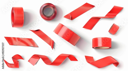 Red duct repair tape set isolated on white background. Realistic red adhesive tape pieces for fixing. Paper glued. Realistic 3d vector illustration