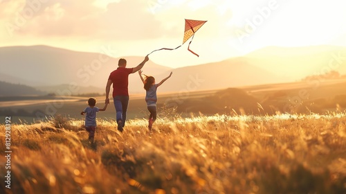 family running through field letting kite fly : Generative AI
