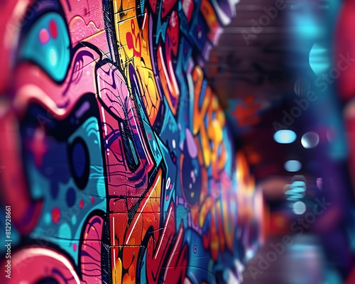 Capture the raw energy of urban exploration with a tilted view of graffiti-covered walls in striking abstract art, embodying the essence of hidden city secrets