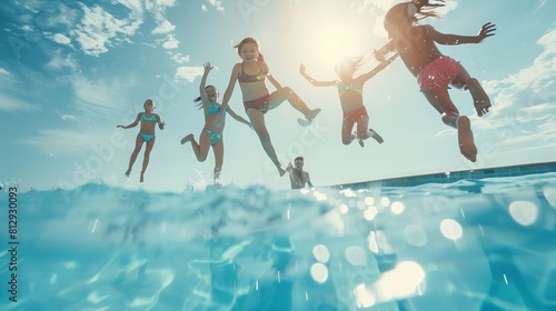 Group of kids jump into swimming pool Summer water fun Children play in outdoor pool Summer family vacation with young kid Holiday in tropical resort Travel with child : Generative AI