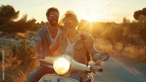Full length of happy couple in glasses driving scooter in hot country and enjoying summer sunset while resting together during vacation : Generative AI