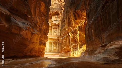 The Siq in Petra Jordan a narrow gorge flanked by towering cliffs leading to the ancient city famous for its rock-cut architecture and water conduit s