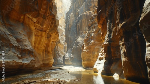 The Siq in Petra Jordan a narrow gorge flanked by towering cliffs leading to the ancient city famous for its rock-cut architecture and water conduit s