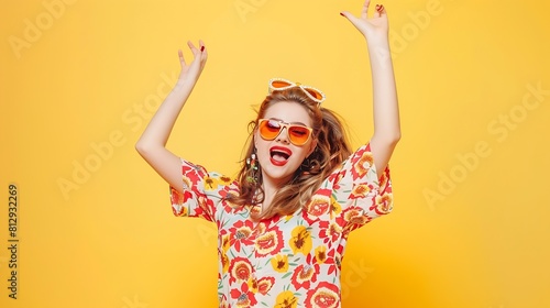 Photo cute dancing lady drink nonalcoholic beverage youth party wear heart sunglass print shirt isolated yellow color background : Generative AI
