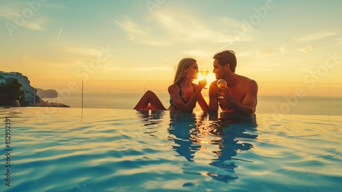 A romantic couple on summer vacation enjos the sunset over the mediterranean sea by the pool with a glass of Aperitif : Generative AI