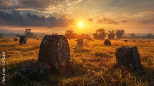 The Plain of Jars in Laos an archaeological landscape featuring thousands of stone jars scattered across the plateau whose original purpose remains a
