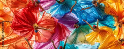 Capture a mesmerizing abstract moment of a group dancing in unison during a traditional cultural festival, their vibrant costumes blending into a beautiful kaleidoscope of colors