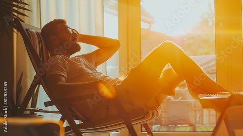 Bored man spending summer vacations at home and pretending he is on the beach he is sunbathing in his living room and resting on a deckchair : Generative AI