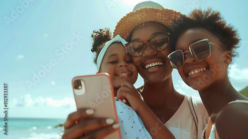 Portrait of smiling young african american woman with child taking selfie at beach with her best friend Cheerful multiethnic gay couple enjoying at beach with daughter during summer ho : Generative AI