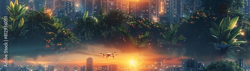 Immerse viewers in a dazzling scene from the future with intricate cityscapes intertwined with lush greenery