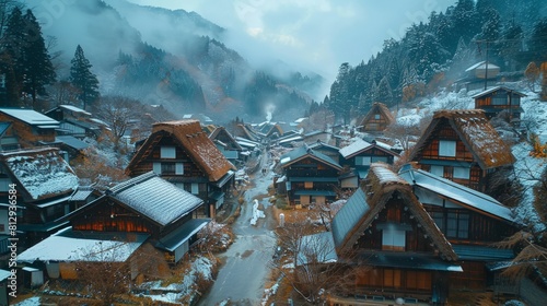 The ancient village of Shirakawa-go in Gifu Japan famous for its gassho-zukuri farmhouses designed with steep thatched roofs to withstand heavy snowfa
