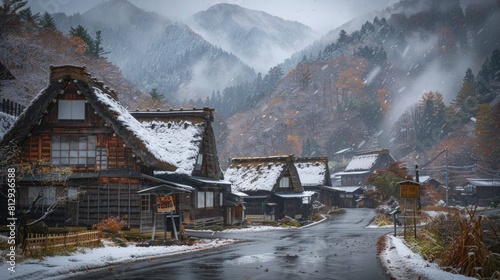 The ancient village of Shirakawa-go in Gifu Japan famous for its gassho-zukuri farmhouses designed with steep thatched roofs to withstand heavy snowfa