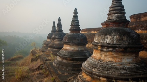 The ancient city of Mrauk U in Myanmar known for its fortress-like temples and pagodas built of stone offering insights into the Rakhine Kingdom.