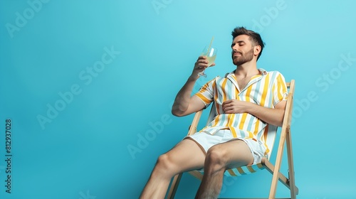 Full size photo positive guy enjoy rest relax exotic resort sun bathing hold glass cocktail sit deckchair wear white yellow striped shirt shorts barefoot isolated blue color background : Generative AI