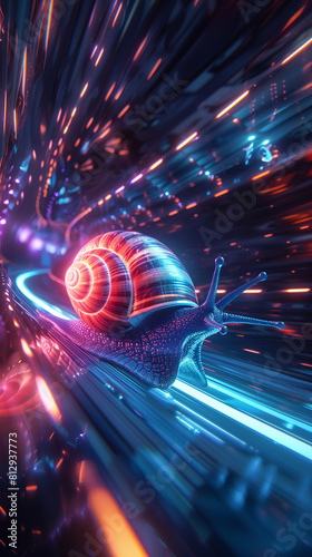 A cyber snail, illuminated by neon lights in a futuristic scene, blazes forward, overtaking with surprising speed, its trail captured with dynamic motion effects through rear curtain sync