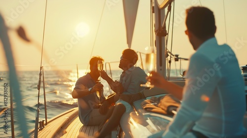 Cheers Cropped image of group of friends relaxing on luxury yacht and drinking champagne Having fun together while sailing in the sea Traveling and yachting concept : Generative AI