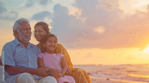 Happy senior indian couple with beautiful young daughter enjoying vacation at beach Copy space : Generative AI