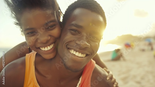 head shot portrait young black brazilian couple in piggyback position having fun in Ipanema beach Brazil : Generative AI