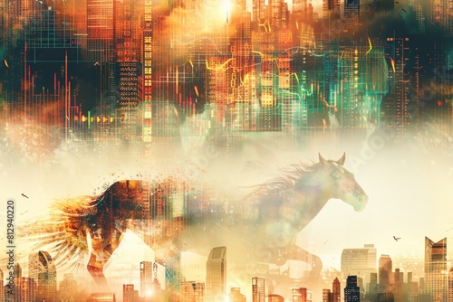 Illustrate a mesmerizing centaur enveloped in layers of financial charts, with an otherworldly vibe achieved through a mix of watercolor and digital painting