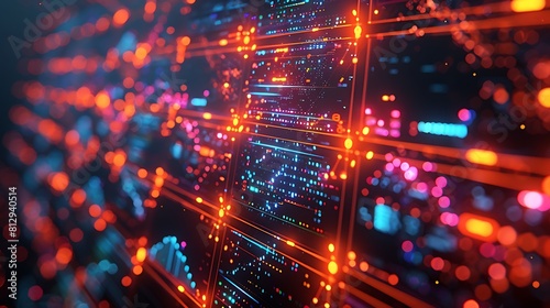 Detailed view of a telecommunications monitor displaying intricate network traffic flows, hyperrealistically portrayed with sharp digital accuracy and vibrant colors, no people.