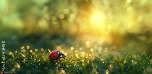 Ladybug on top of the grass with sunrise