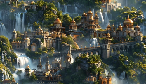 Craft a digital masterpiece of a mythical citadel surrounded by lush