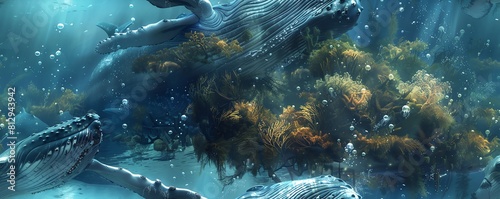 Create a stunning wide-angle scene where a majestic humpback whale elegantly navigates through a dense kelp forest