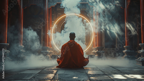 A solitary monk meditating, incense smoke forming a halo around him.