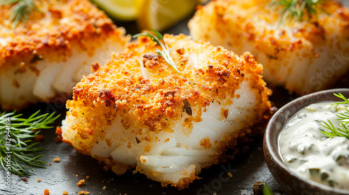 Close-up of delicious oven-baked cod fillets with a golden breadcrumb topping, served with fresh herbs and tartar sauce on a dark slate