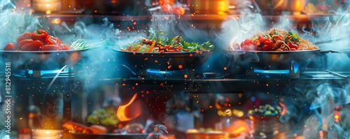 Immerse the viewer in a world where digital recipe projections blend with sizzling woks at a daring tilted perspective Show the fusion of advanced tech with gastronomic delights th
