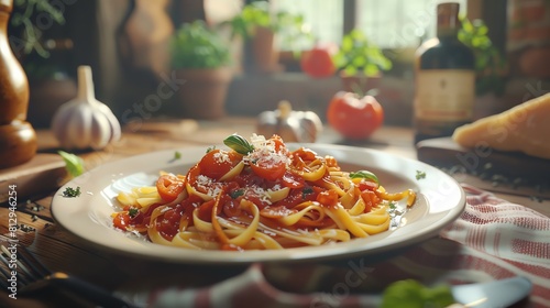 Glutenfree pasta dish with tomato sauce, closeup, rustic kitchen setting, warm tones