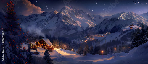 Mountains Ski resort at night background - Ai Generated
