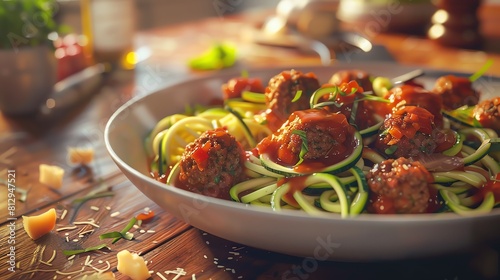 Lowcarb meal prep, zucchini noodles and meatballs, closeup, warm, homey kitchen light