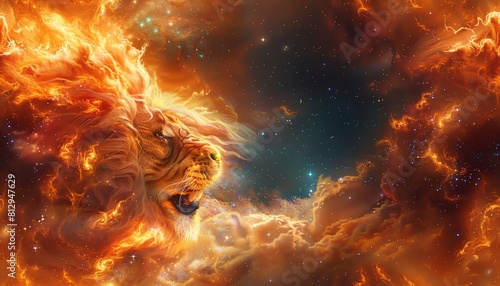 Capture the majestic elegance of a surrealistic lion, its mane swirling like a nebula against a cosmic backdrop, enhanced with metallic robotic elements seamlessly integrated