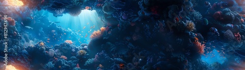 Capture the surreal moment of astronauts descending into a luminescent underwater cave
