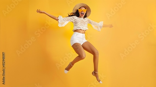 Full length photo of funny lady summer time jumping high enjoy great resort views wear stylish sun hat specs stylish white lace beach cape shorts isolated orange background : Generative AI