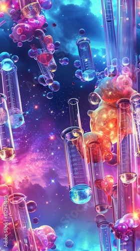 Craft a surrealistic landscape filled with towering test tubes brimming with neon-colored liquids under a lavender sky Include a microscope peering down from a dizzying aerial pers