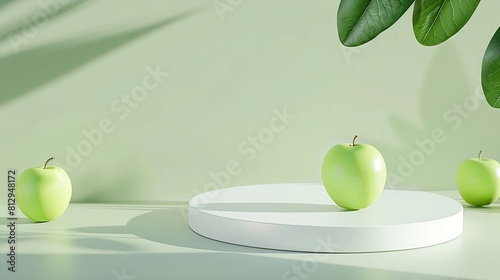 Roundshaped podium in white color is displayed on pastel background with green apple Blank space on the podium for product presentation of Green Apple Malus domestica extract : Generative AI