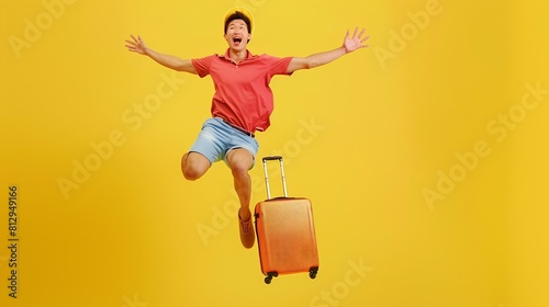 Excited happy young Asian man tourist with luggage jumping isolated on yellow studio background : Generative AI