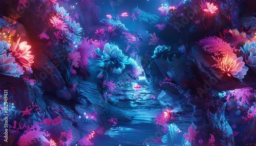 Illustrate a mesmerizing frontal view of a shimmering abstract portal unveiling a futuristic realm filled with neon-infused flora