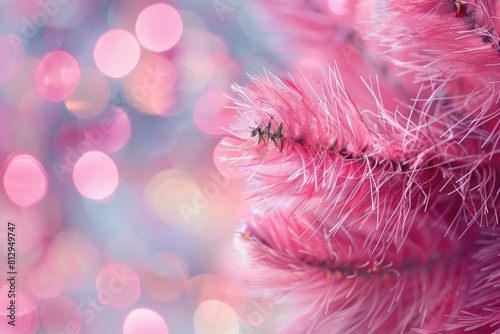 Closeup of an ant exploring a delicate pink mimosa with sparkling bokeh effect