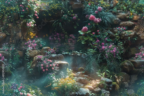Show the mischievous sprite playing tricks in a hidden garden, depicted in a dramatic up-angle shot, its ethereal figure blending with the vibrant flora and fauna
