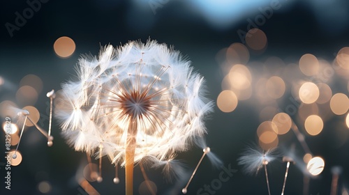 A dandelion blowing in the wind, its delicate seeds floating away
