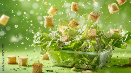 A salad with croutons and dressing is being tossed in the air